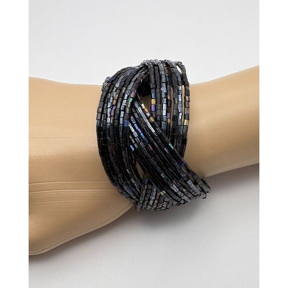 Black Iridescent Beaded Coil Bracelet Multi Strand Braided Woven Design - Picture 6 of 6